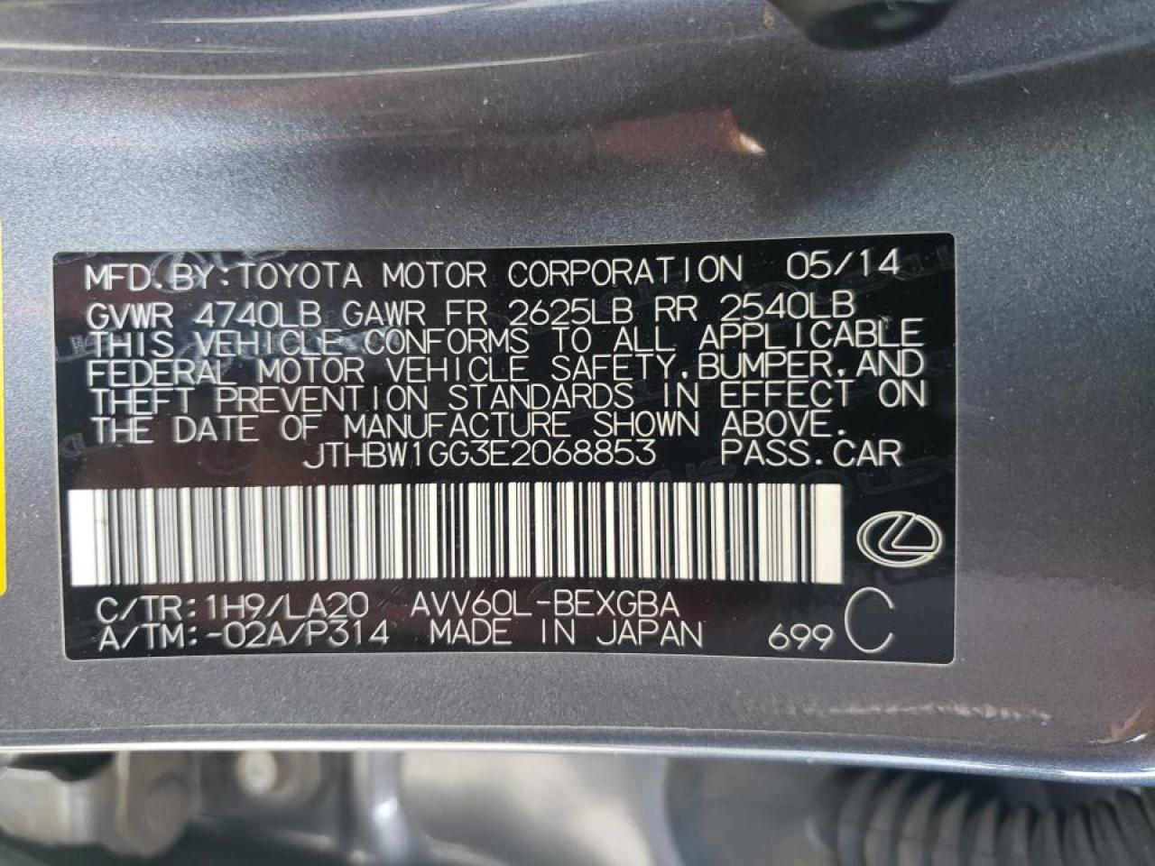 Photo 10 from auction – 2014 LEXUS ES 300H with VIN JTHBW1GG3E2068853