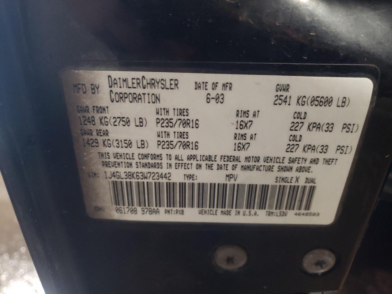 Photo 10 from auction – 2003 JEEP LIBERTY RE with VIN 1J4GL38K63W723442