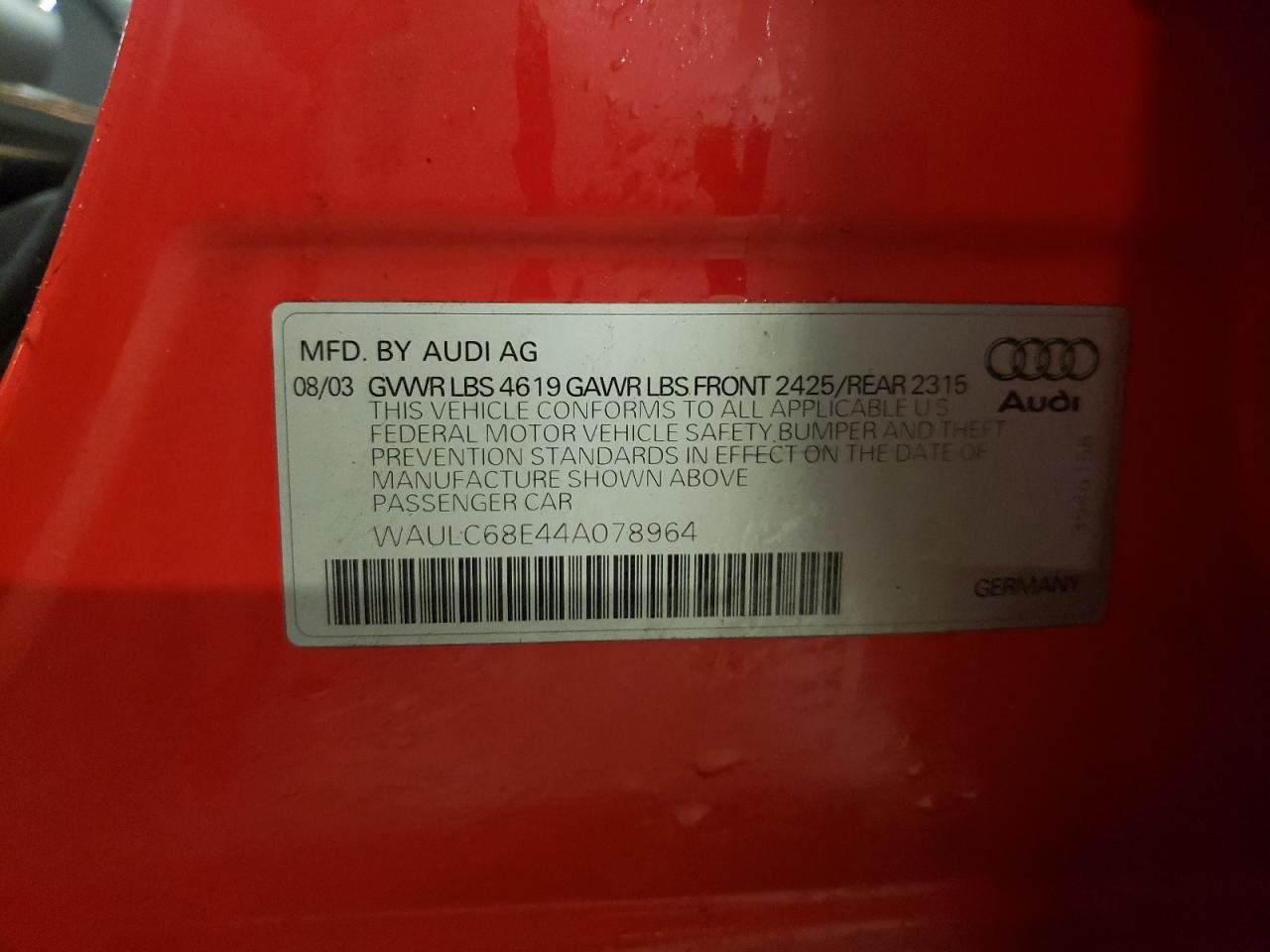 Photo 10 from auction – 2004 AUDI A4 1.8T QU with VIN WAULC68E44A078964
