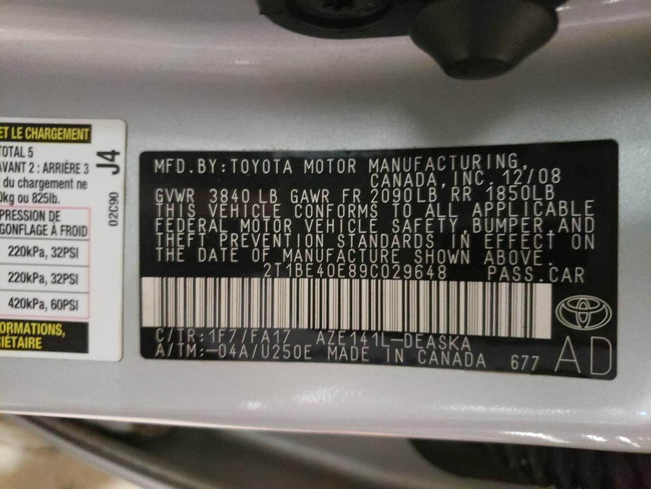 Photo 10 from auction – 2009 TOYOTA COROLLA XR with VIN 2T1BE40E89C029648