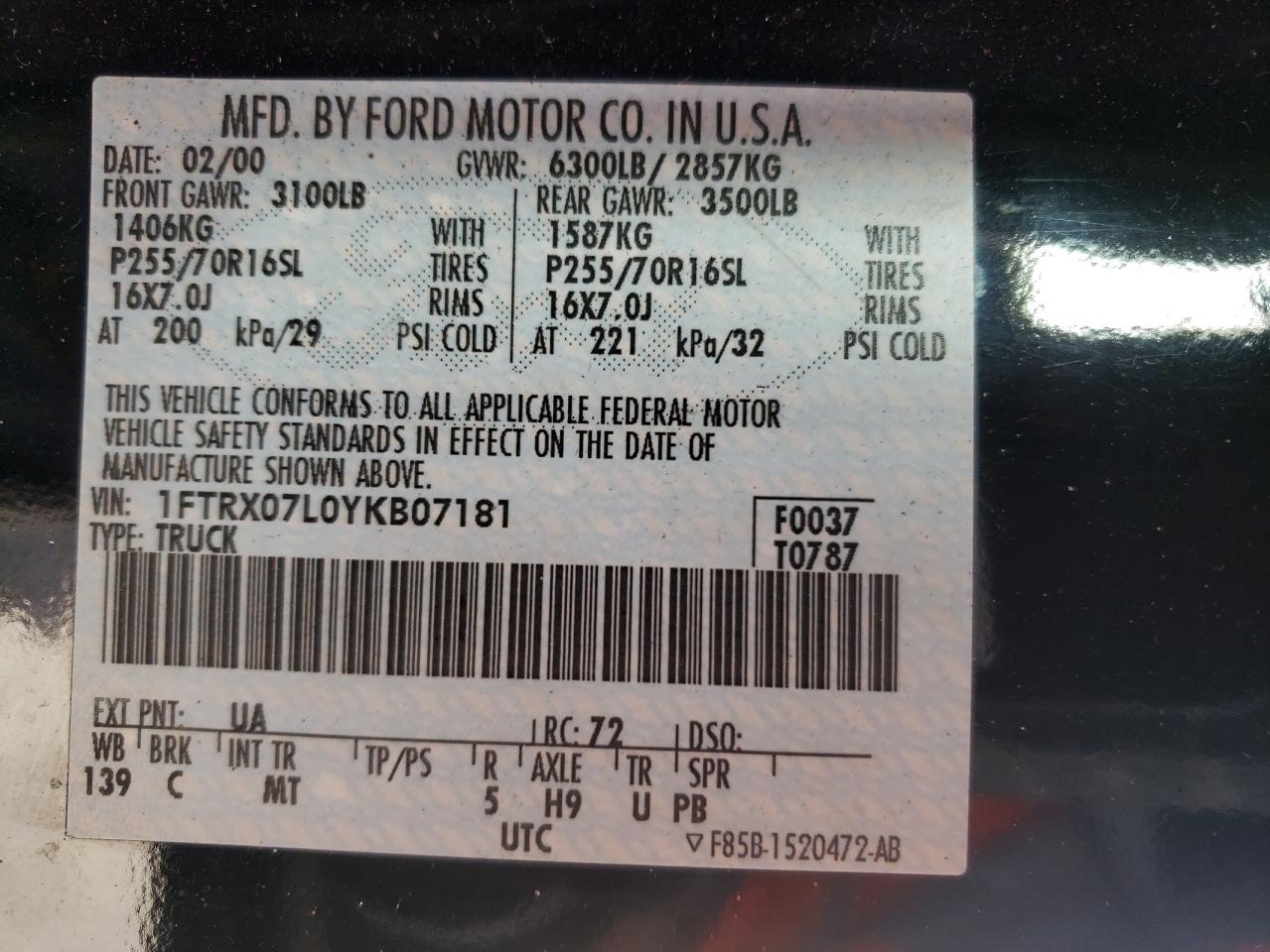 Photo 10 from auction – 2000 FORD F150 with VIN 1FTRX07L0YKB07181