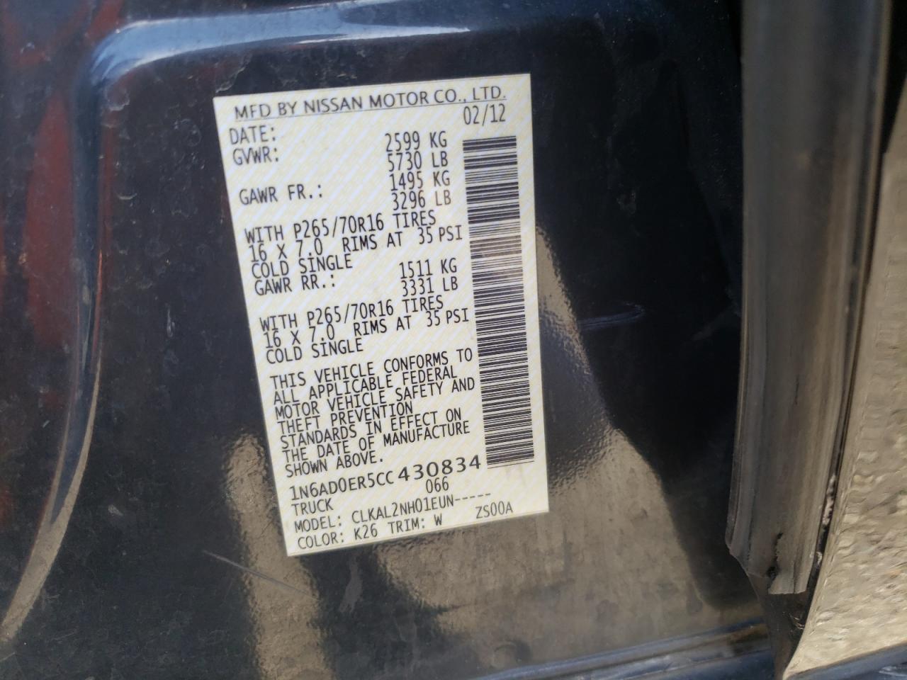 Photo 10 from auction – 2012 NISSAN FRONTIER S with VIN 1N6AD0ER5CC430834