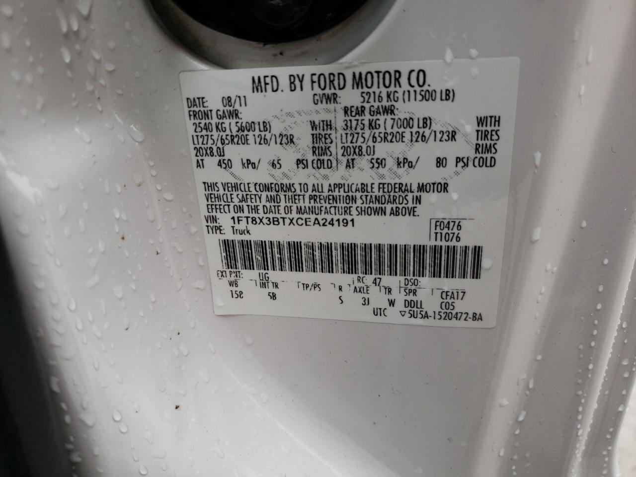 Photo 10 from auction – 2012 FORD F350 SUPER with VIN 1FT8X3BTXCEA24191