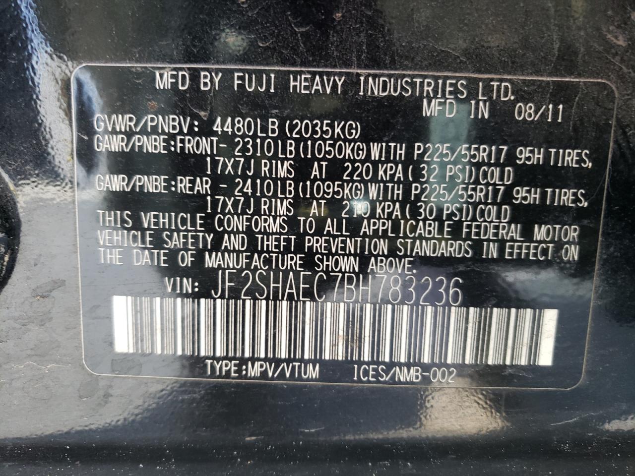 Photo 10 from auction – 2011 SUBARU FORESTER L with VIN JF2SHAEC7BH783236