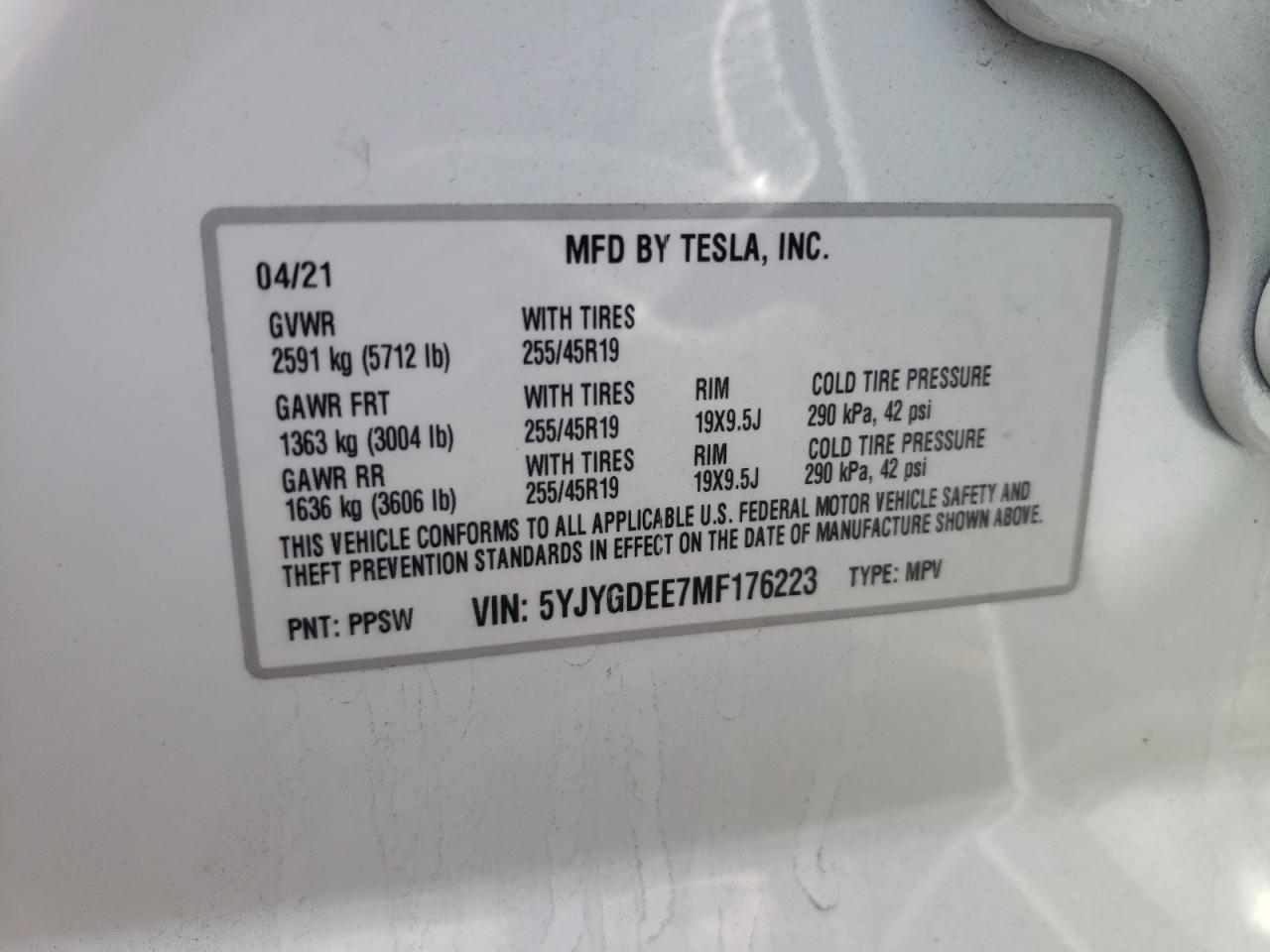 Photo 10 from auction – 2021 TESLA MODEL Y with VIN 5YJYGDEE7MF176223