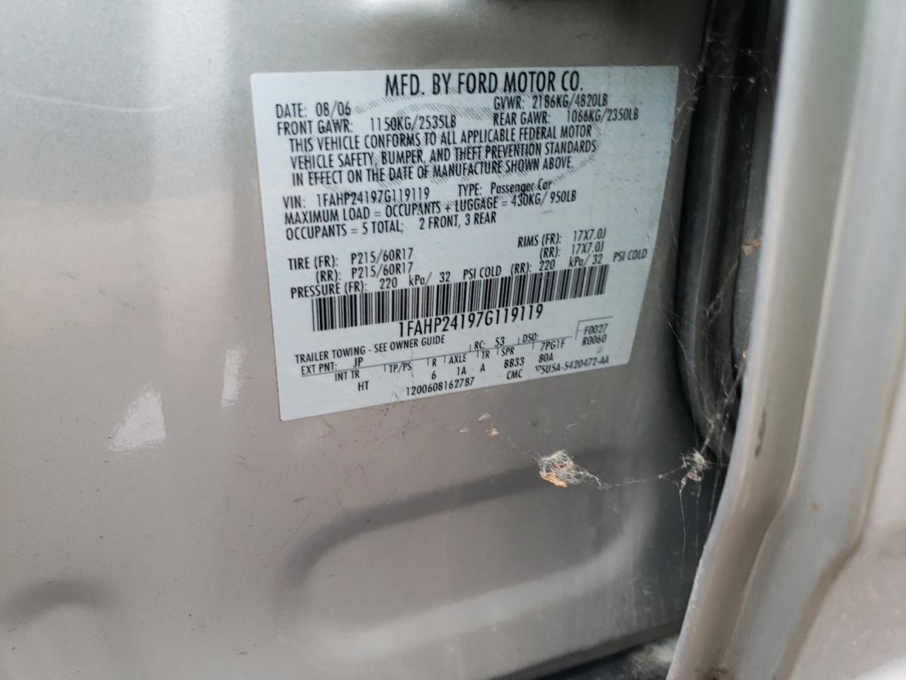 Photo 10 from auction – 2007 FORD FIVE HUNDR with VIN 1FAHP24197G119119