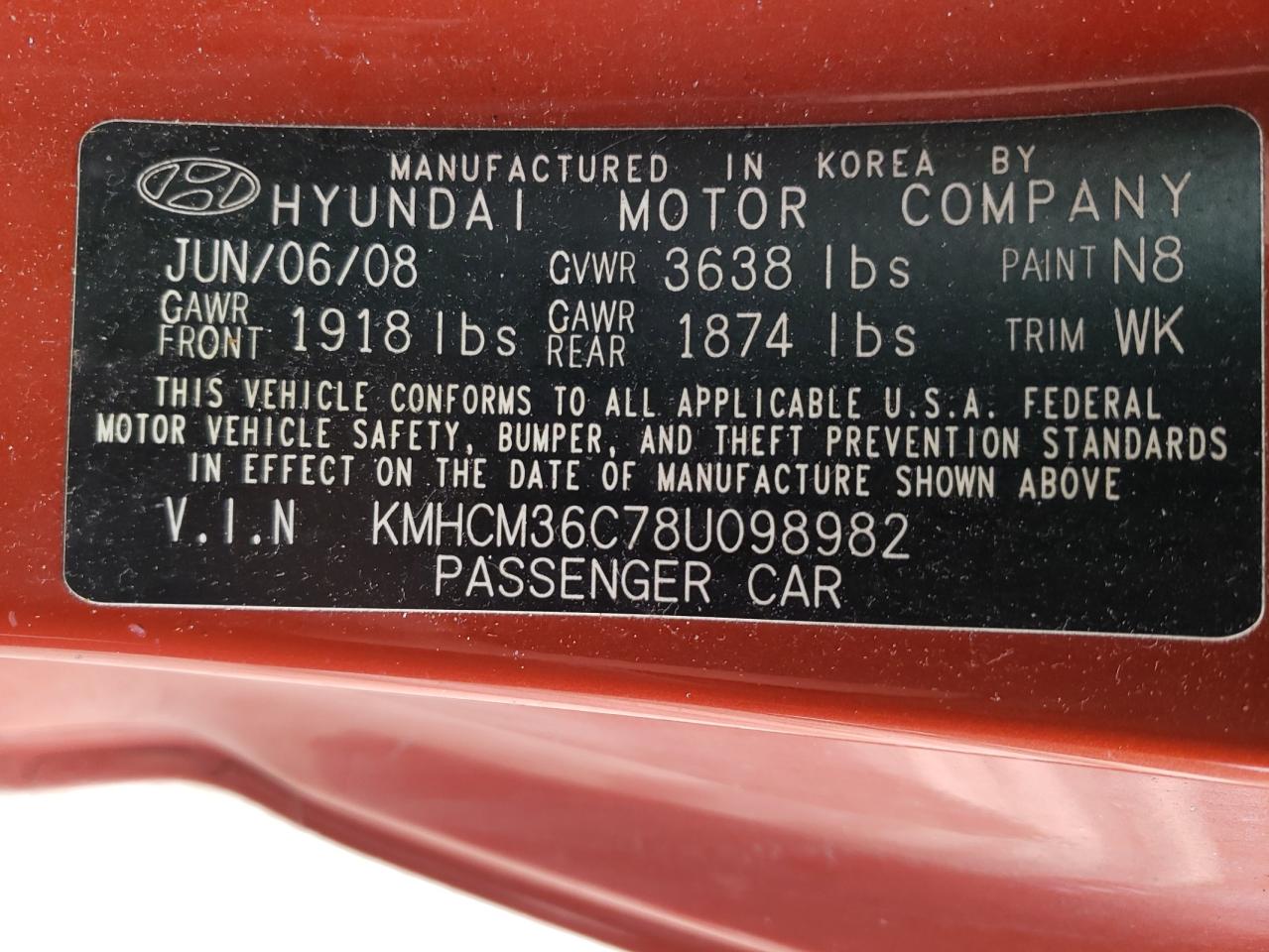 Photo 10 from auction – 2008 HYUNDAI ACCENT GS with VIN KMHCM36C78U098982