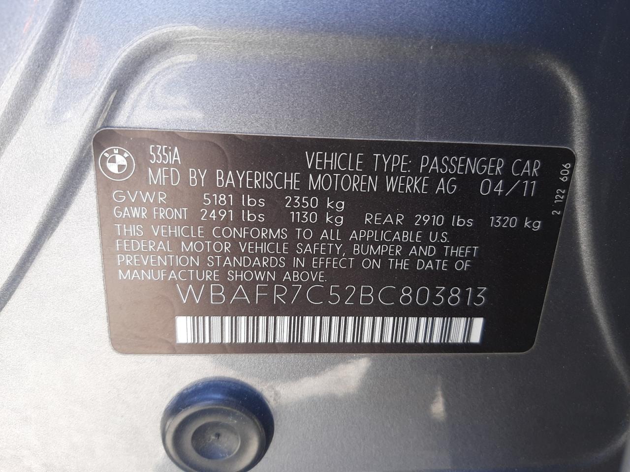 Photo 10 from auction – 2011 BMW 535 I with VIN WBAFR7C52BC803813