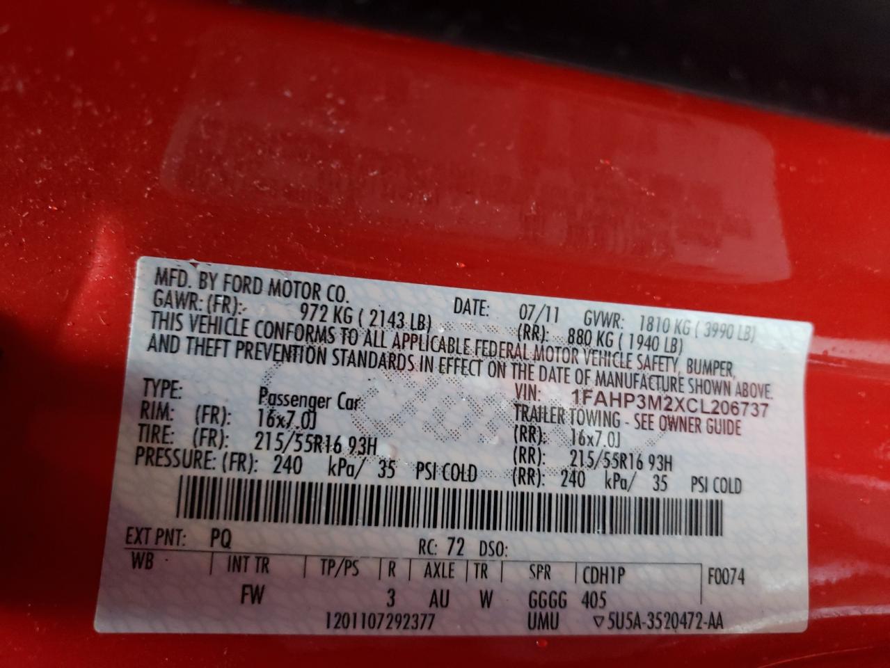 Photo 10 from auction – 2012 FORD FOCUS with VIN 1FAHP3M2XCL206737