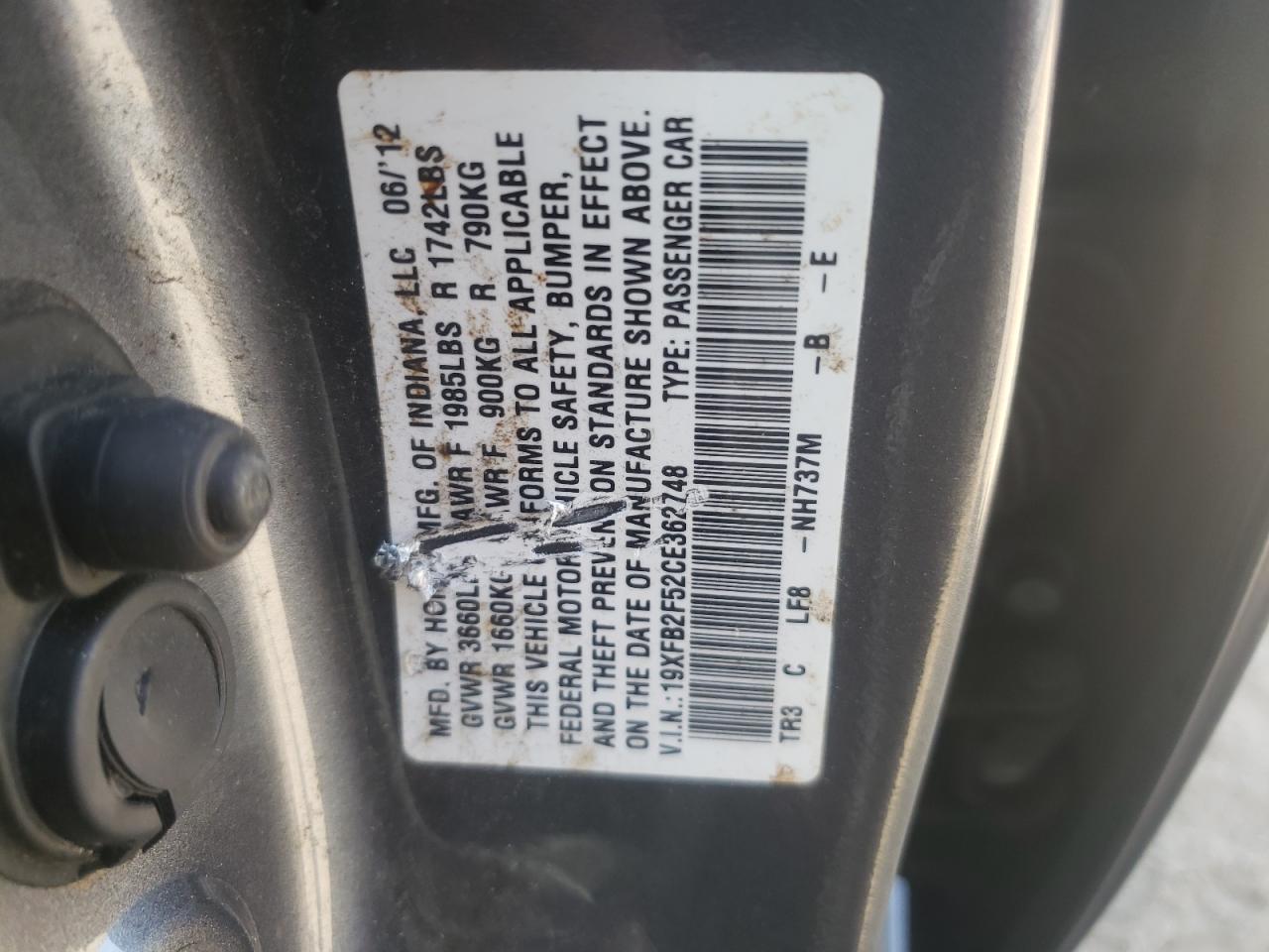 Photo 10 from auction – 2012 HONDA CIVIC LX with VIN 19XFB2F52CE362748
