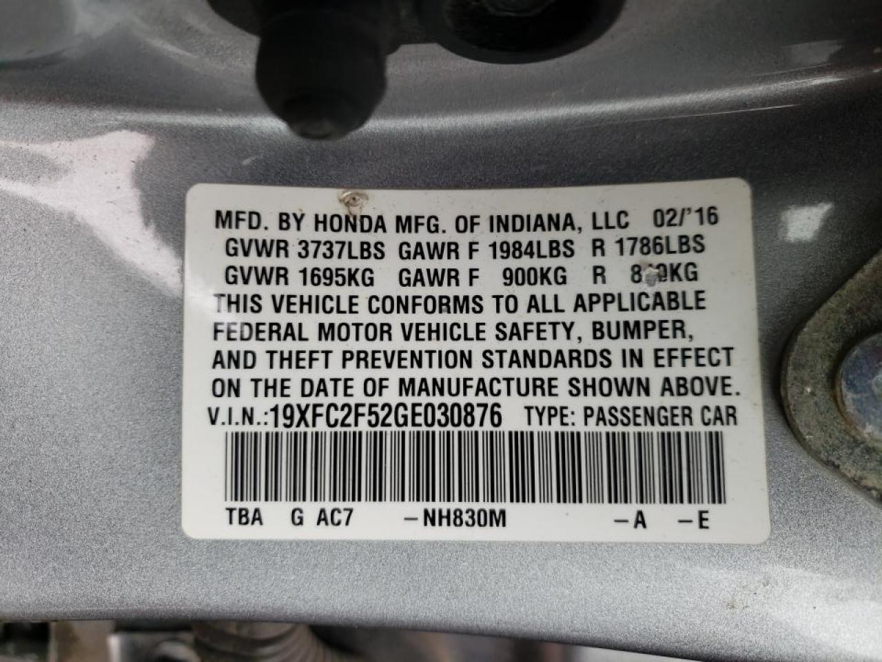 Photo 10 from auction – 2016 HONDA CIVIC LX with VIN 19XFC2F52GE030876