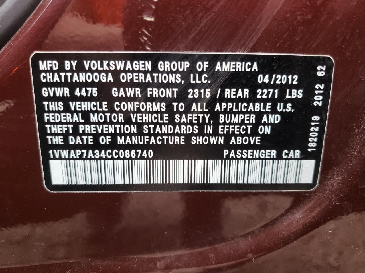 Photo 10 from auction – 2012 VOLKSWAGEN PASSAT S with VIN 1VWAP7A34CC086740