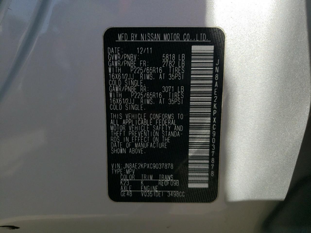 Photo 10 from auction – 2012 NISSAN QUEST S with VIN JN8AE2KPXC9037878