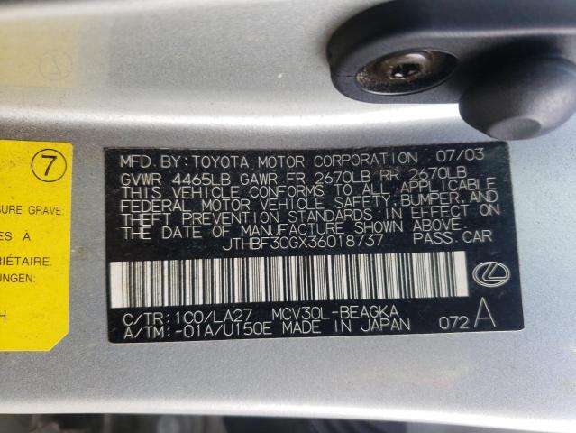 Photo 10 from auction – 2003 LEXUS ES 300 with VIN JTHBF30GX36018737