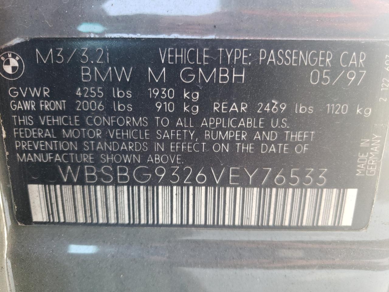 Photo 10 from auction – 1997 BMW M3 with VIN WBSBG9326VEY76533