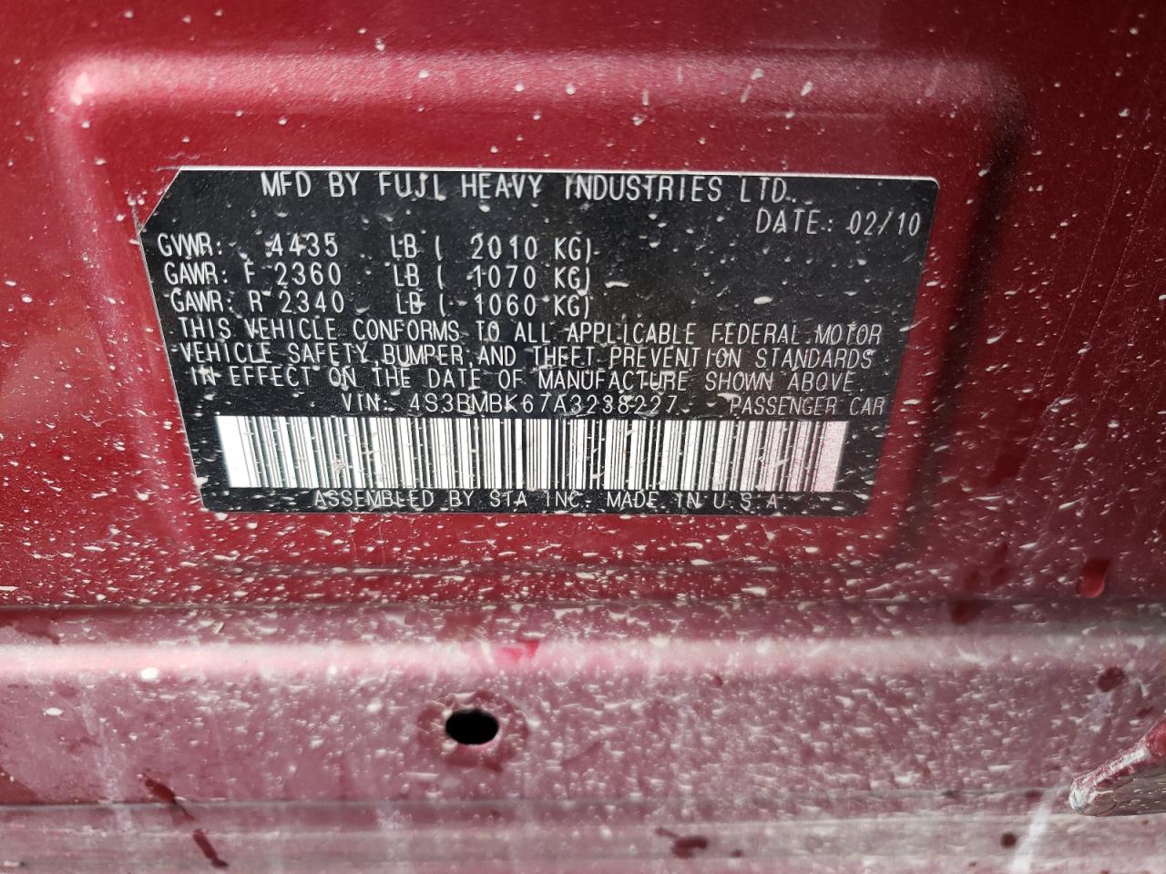 Photo 10 from auction – 2010 SUBARU LEGACY 2.5 with VIN 4S3BMBK67A3238227