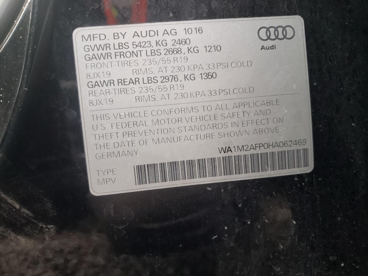 Photo 10 from auction – 2017 AUDI Q5 PREMIUM with VIN WA1M2AFP0HA062469