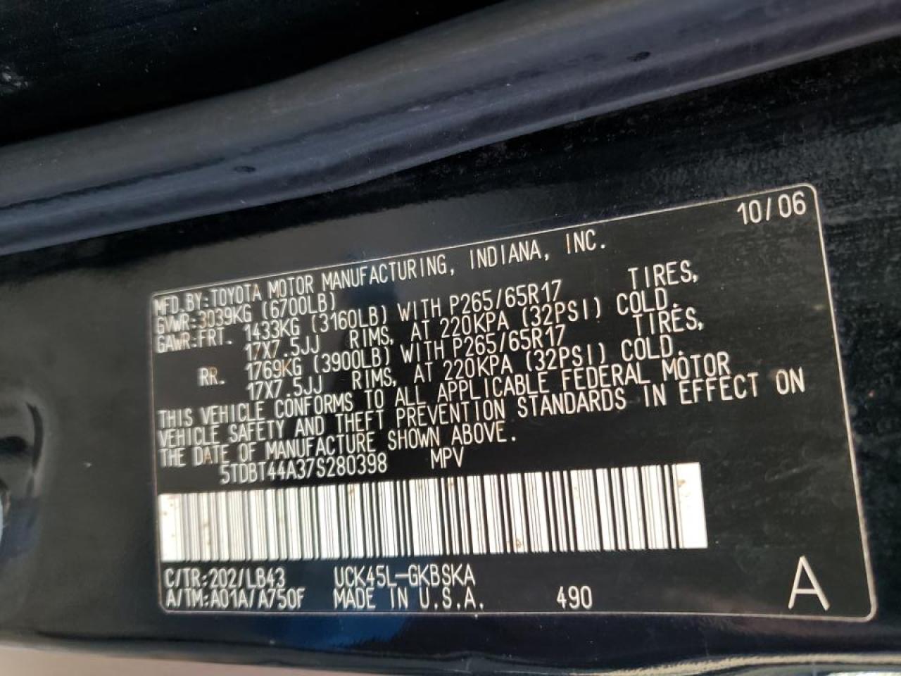 Photo 10 from auction – 2007 TOYOTA SEQUOIA with VIN 5TDBT44A37S280398