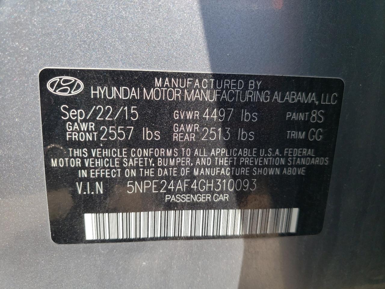 Photo 10 from auction – 2016 HYUNDAI SONATA SE with VIN 5NPE24AF4GH310093