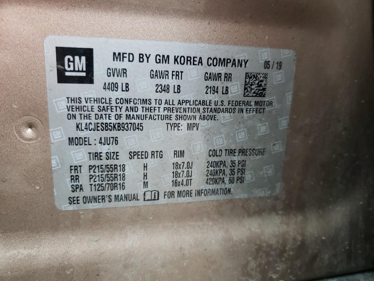Photo 10 from auction – 2019 BUICK ENCORE PRE with VIN KL4CJESB5KB937045