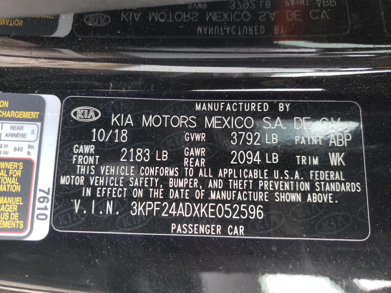 Photo 10 from auction – 2019 KIA FORTE FE with VIN 3KPF24ADXKE052596