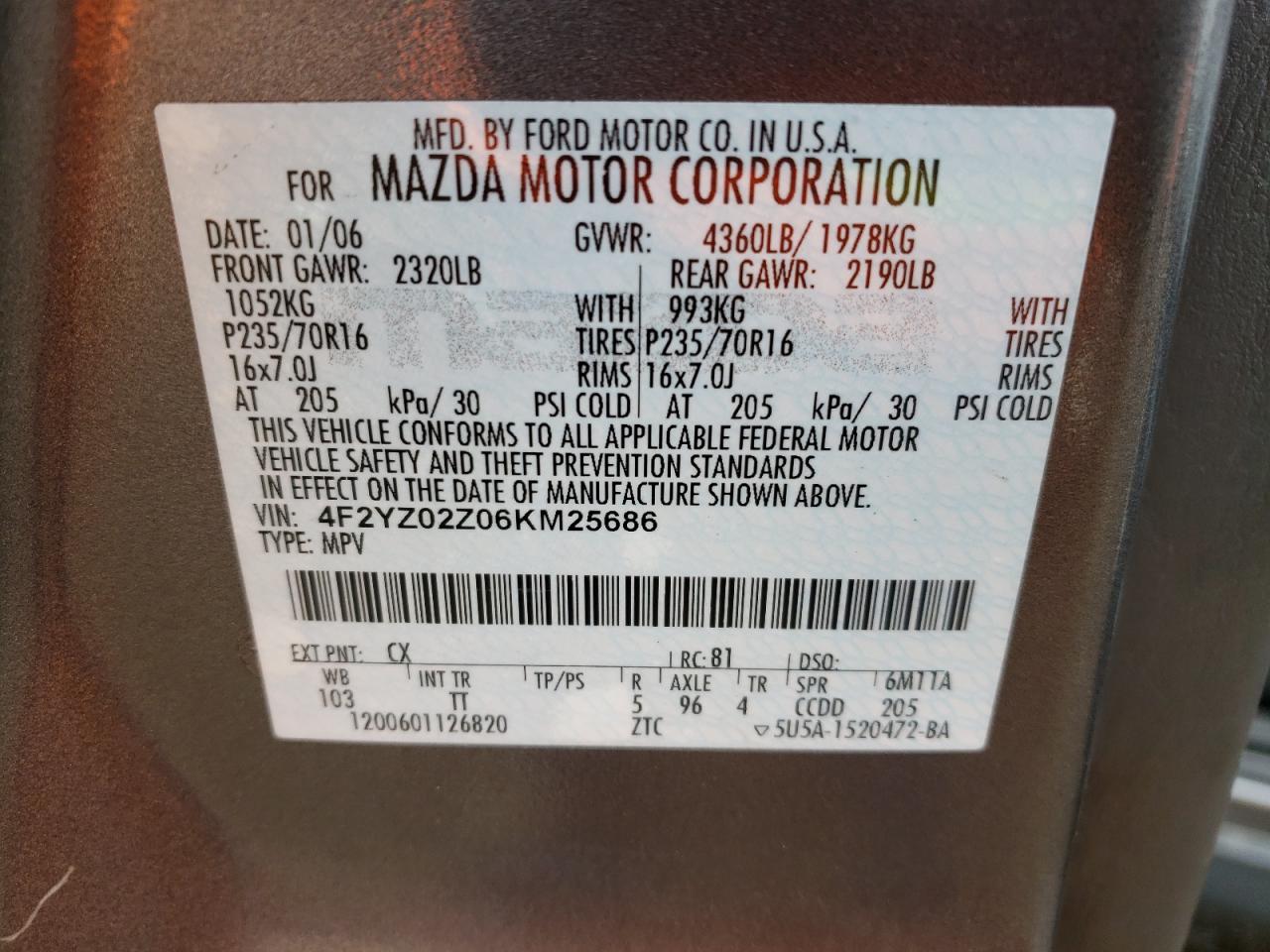 Photo 10 from auction – 2006 MAZDA TRIBUTE I with VIN 4F2YZ02Z06KM25686