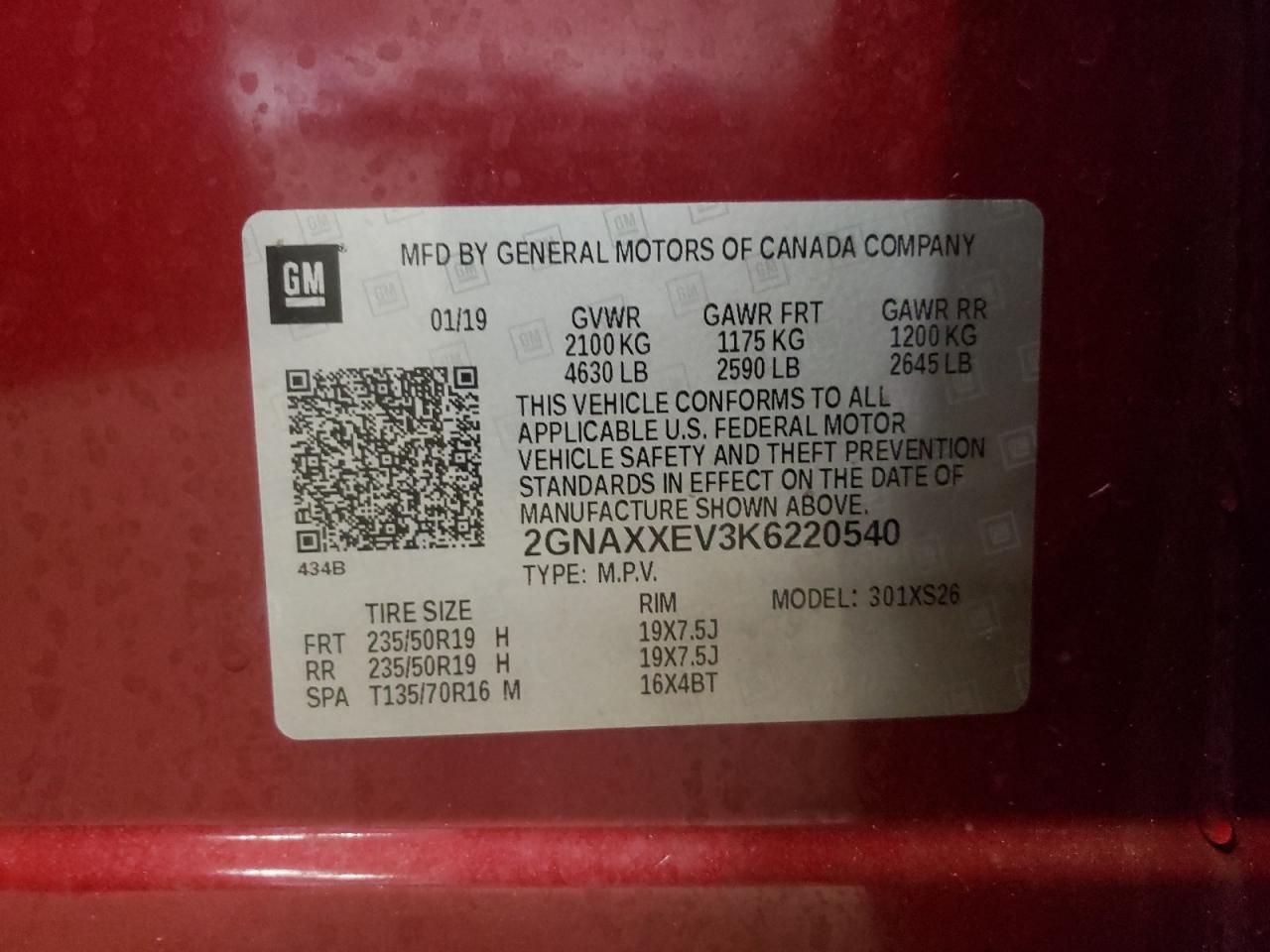 Photo 10 from auction – 2019 CHEVROLET EQUINOX PR with VIN 2GNAXXEV3K6220540
