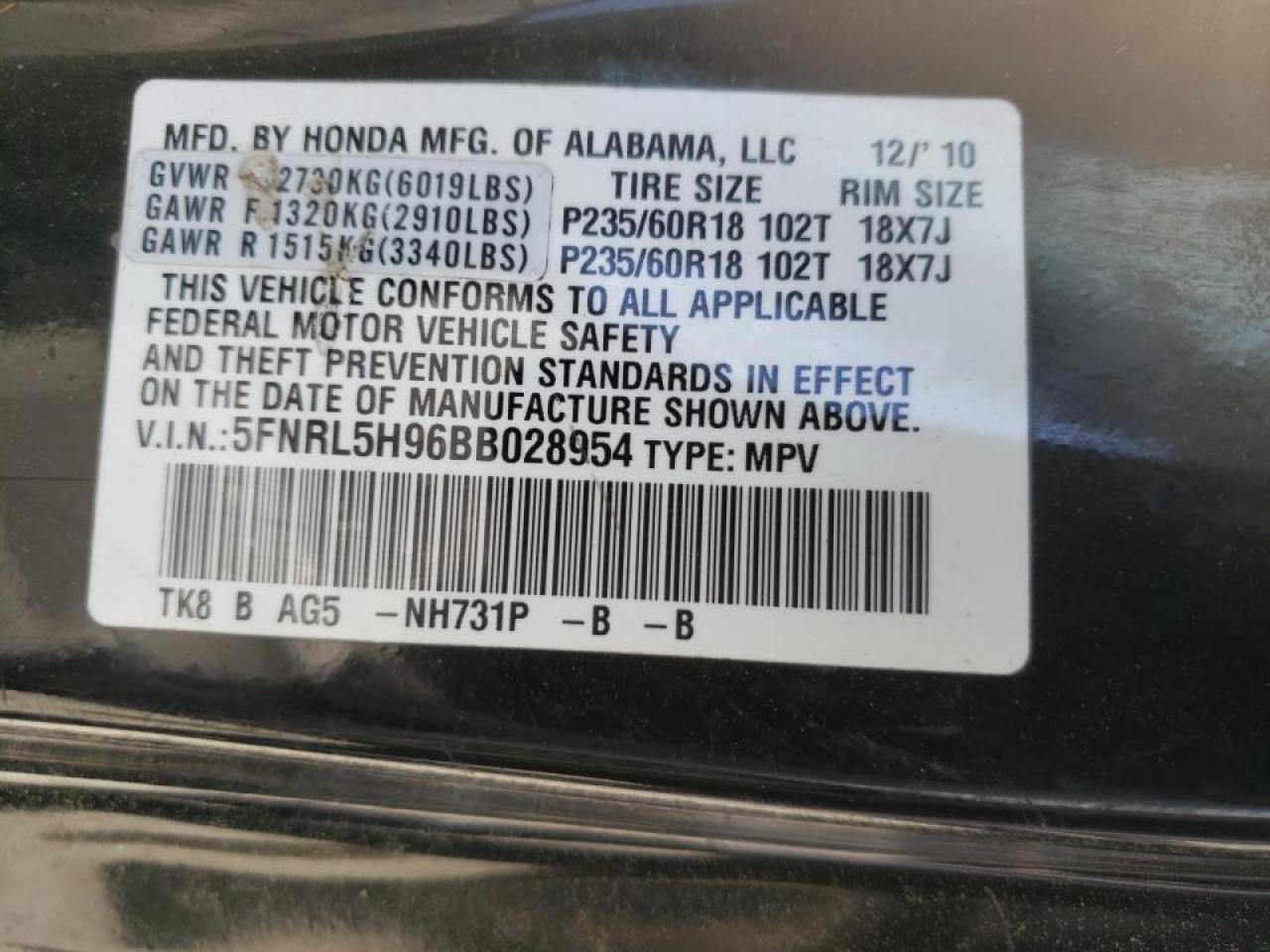 Photo 10 from auction – 2011 HONDA ODYSSEY TO with VIN 5FNRL5H96BB028954