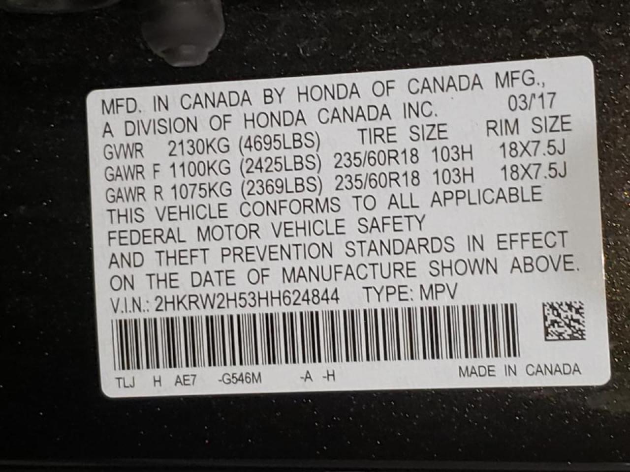 Photo 10 from auction – 2017 HONDA CR-V EX with VIN 2HKRW2H53HH624844
