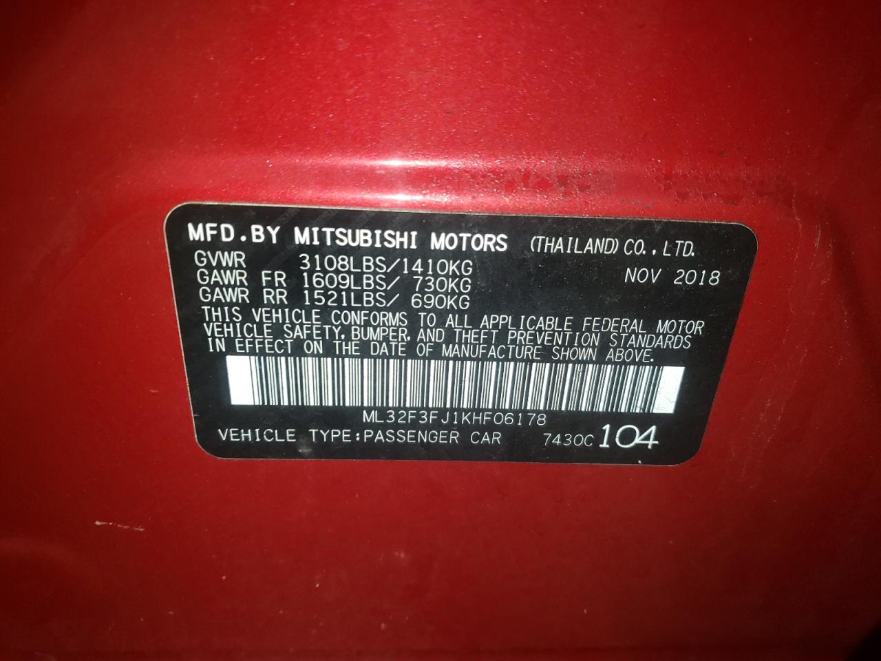 Photo 10 from auction – 2019 MITSUBISHI MIRAGE G4 with VIN ML32F3FJ1KHF06178