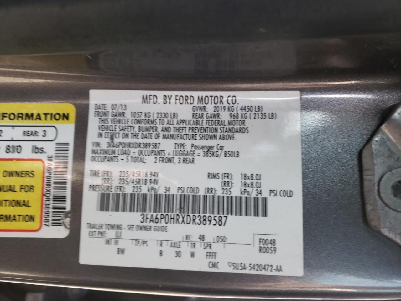 Photo 10 from auction – 2013 FORD FUSION SE with VIN 3FA6P0HRXDR389587