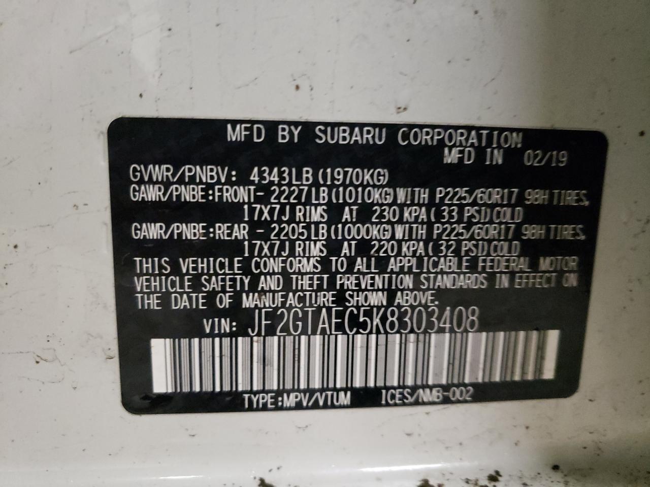 Photo 10 from auction – 2019 SUBARU CROSSTREK with VIN JF2GTAEC5K8303408