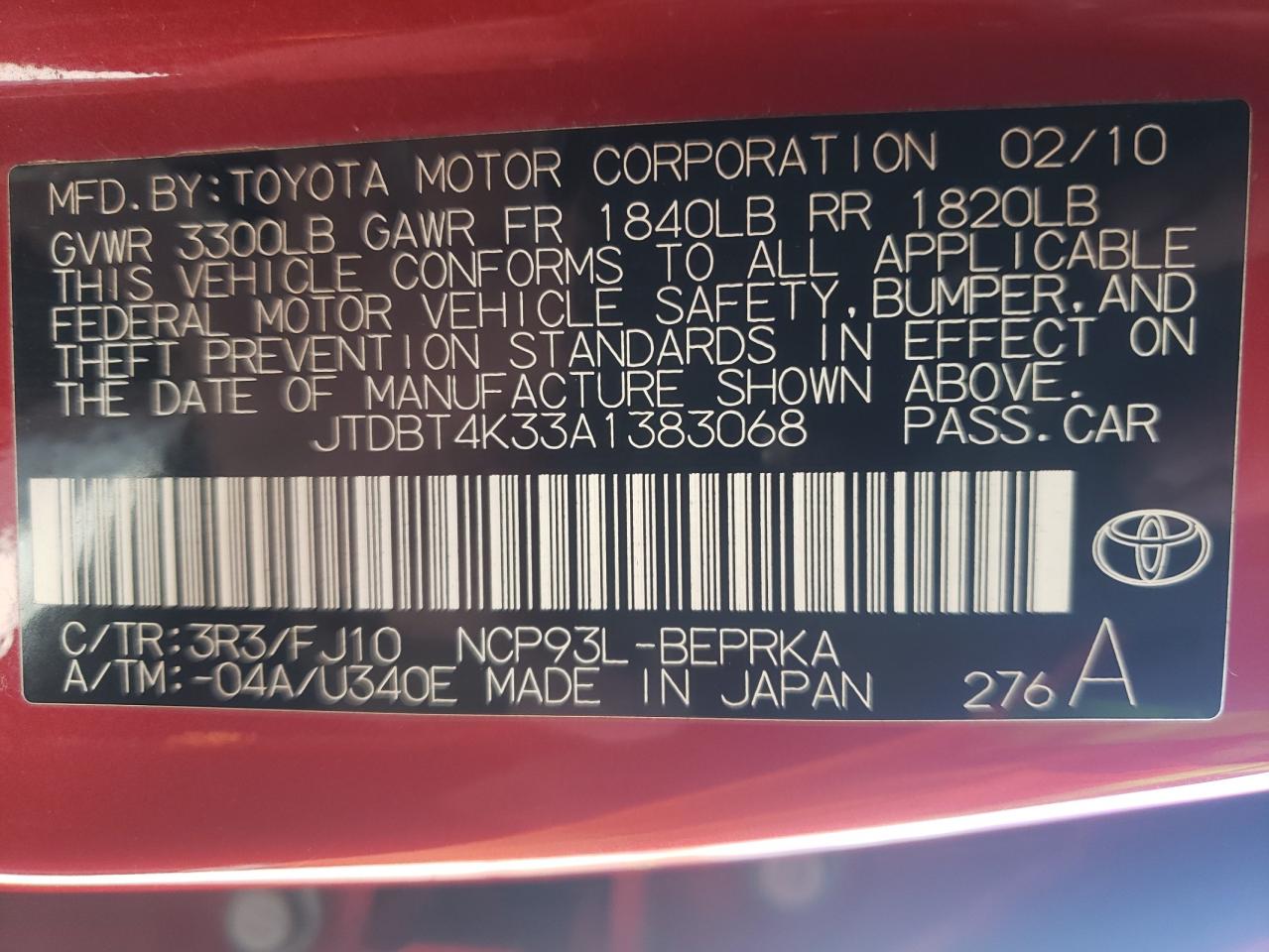 Photo 10 from auction – 2010 TOYOTA YARIS with VIN JTDBT4K33A1383068