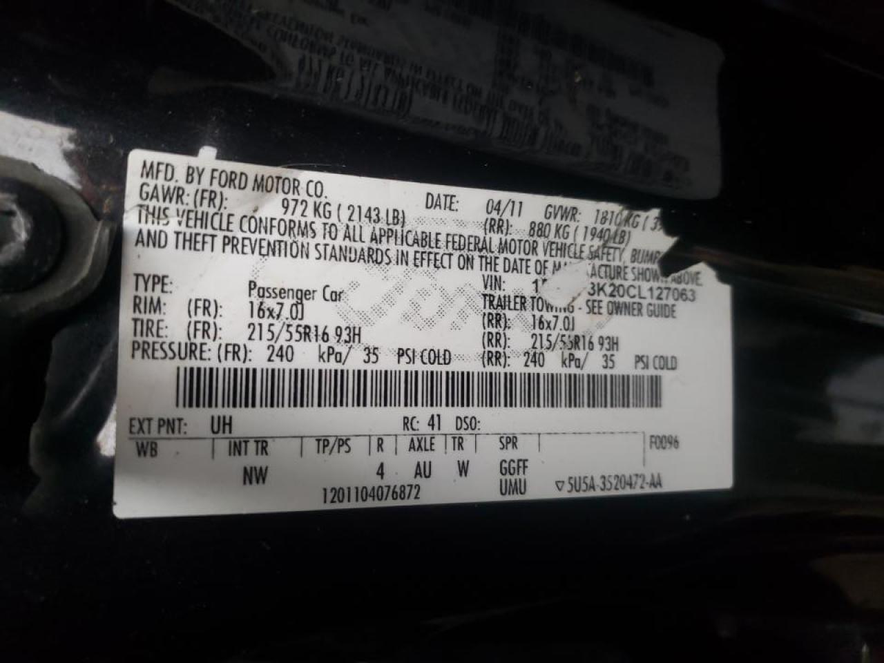 Photo 10 from auction – 2012 FORD FOCUS SE with VIN 1FAHP3K20CL127063