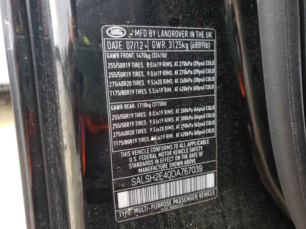 Photo 10 from auction – 2013 LAND ROVER RANGE ROVE with VIN SALSH2E40DA767039