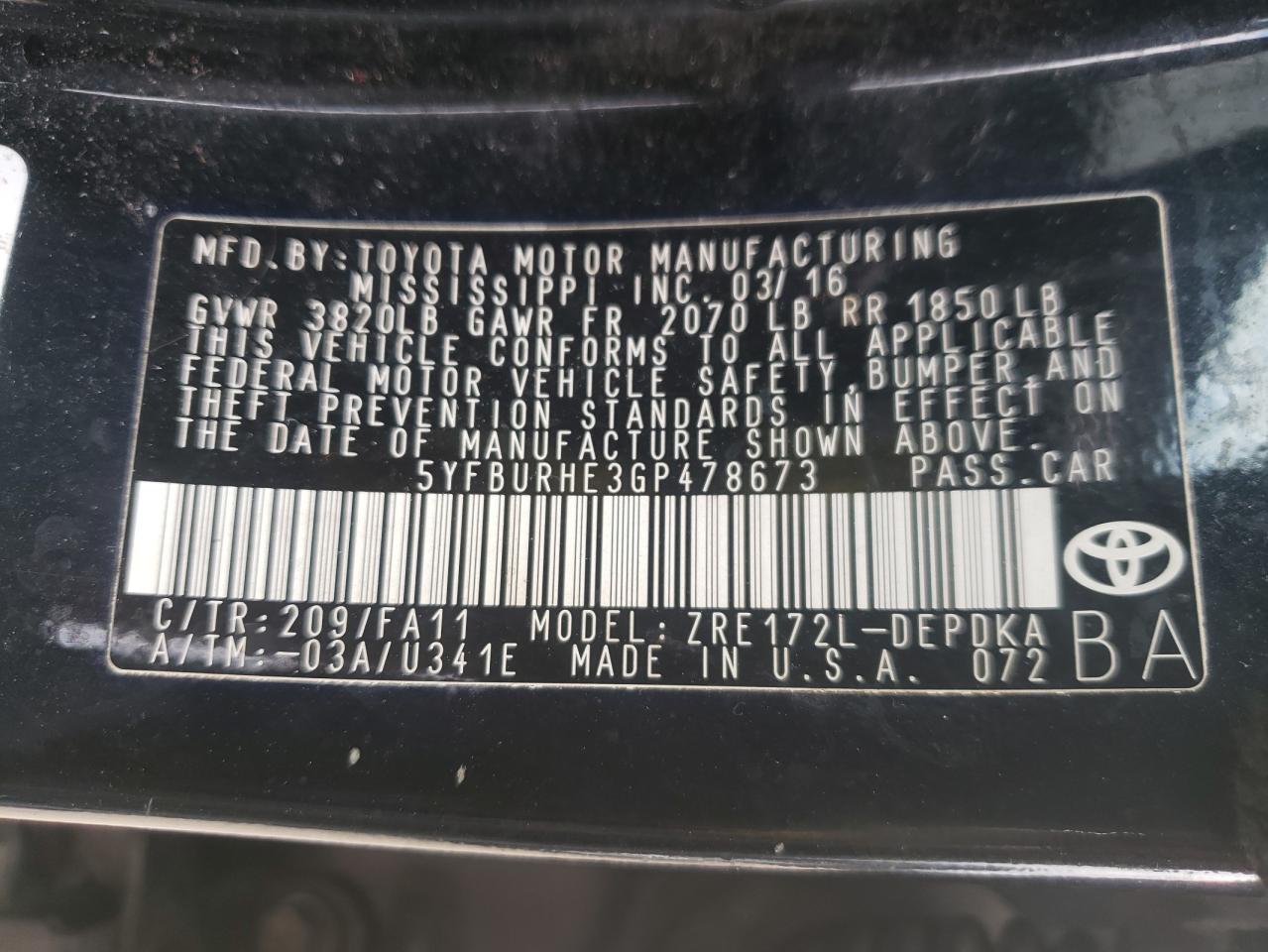 Photo 10 from auction – 2016 TOYOTA COROLLA L with VIN 5YFBURHE3GP478673