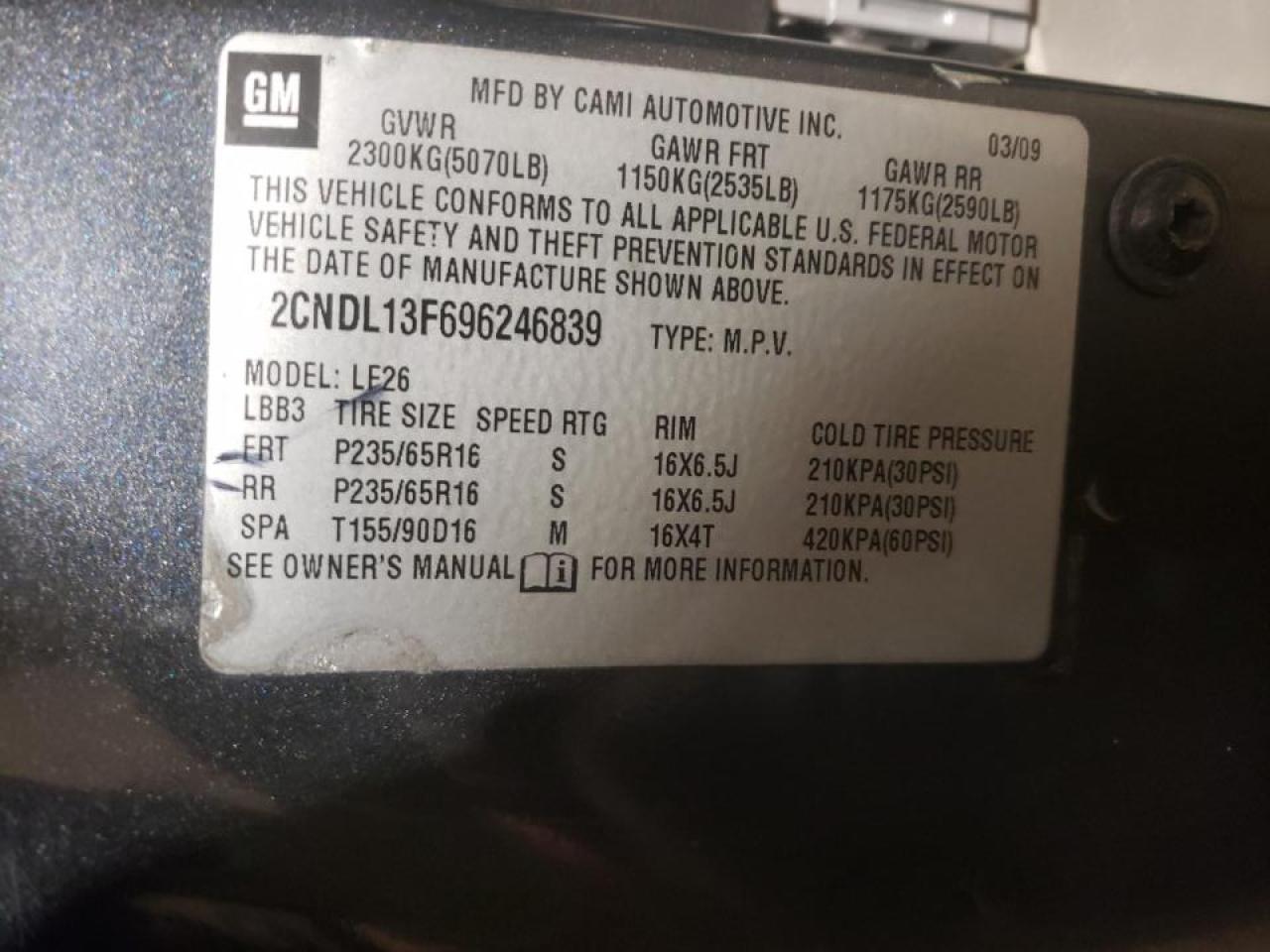 Photo 10 from auction – 2009 CHEVROLET EQUINOX LS with VIN 2CNDL13F696246839