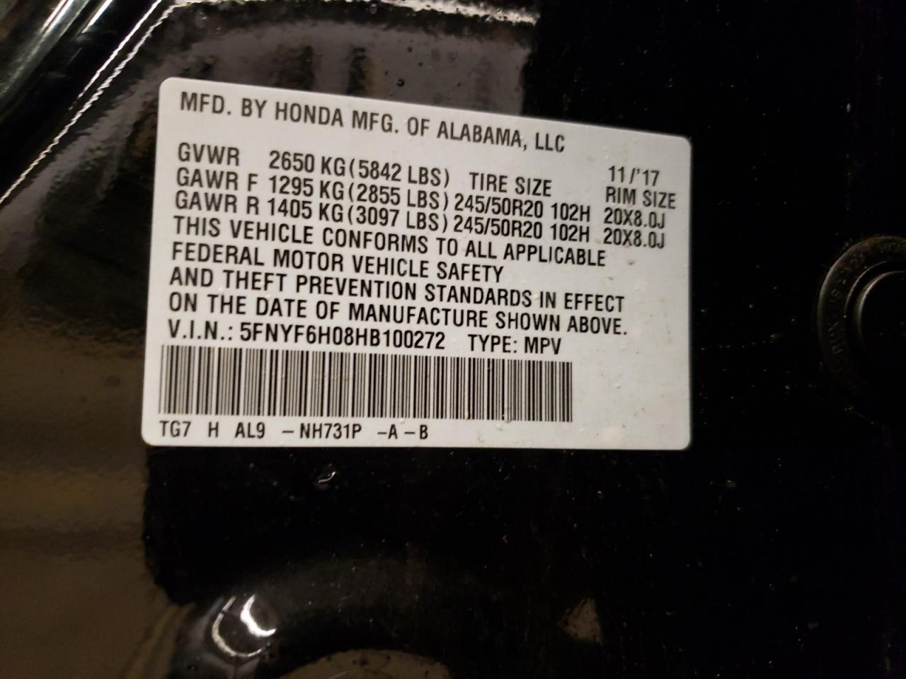 Photo 10 from auction – 2017 HONDA PILOT ELIT with VIN 5FNYF6H08HB100272