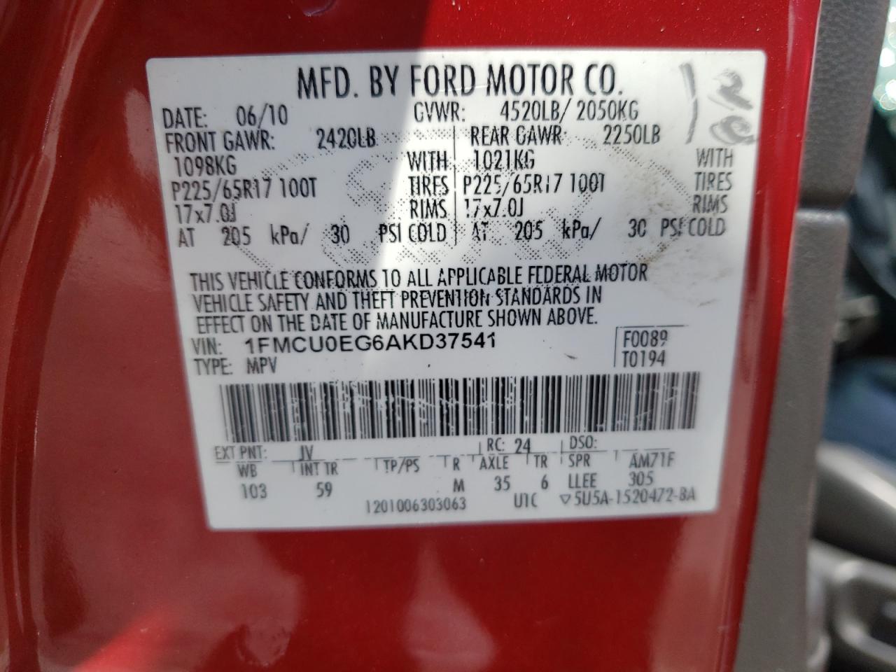 Photo 10 from auction – 2010 FORD ESCAPE LIM with VIN 1FMCU0EG6AKD37541