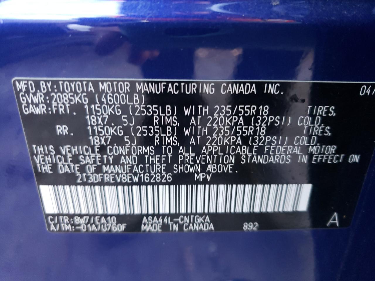 Photo 10 from auction – 2014 TOYOTA RAV4 LIMIT with VIN 2T3DFREV8EW162826