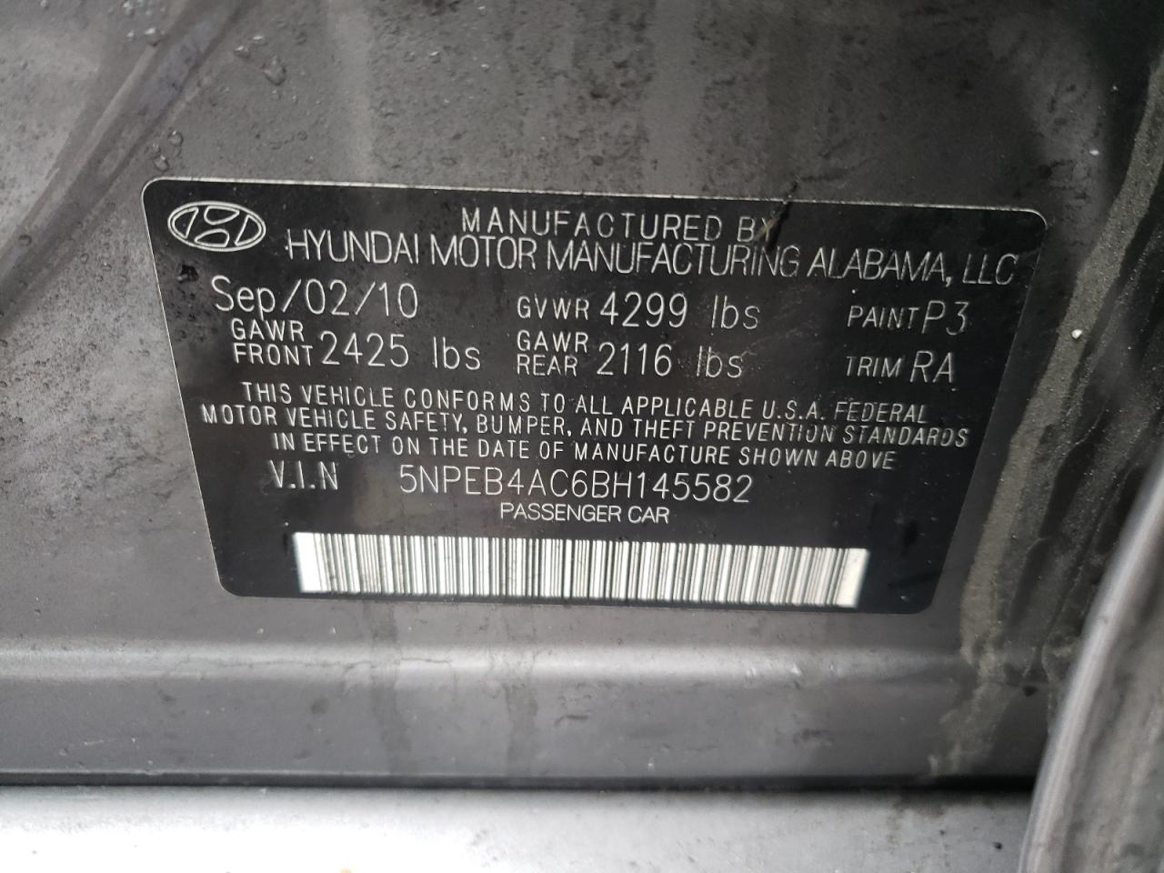 Photo 10 from auction – 2011 HYUNDAI SONATA GLS with VIN 5NPEB4AC6BH145582