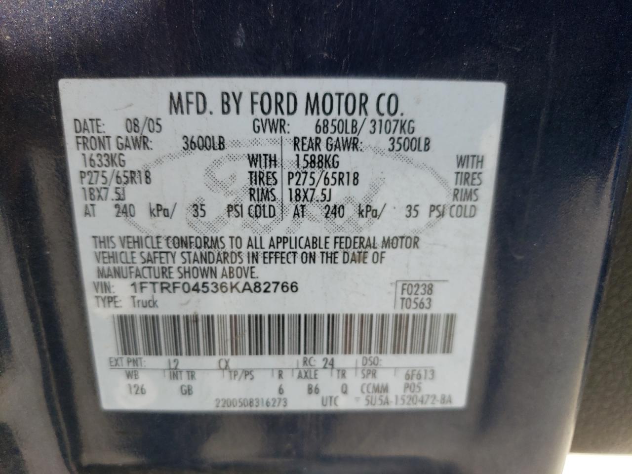 Photo 10 from auction – 2006 FORD F150 with VIN 1FTRF04536KA82766