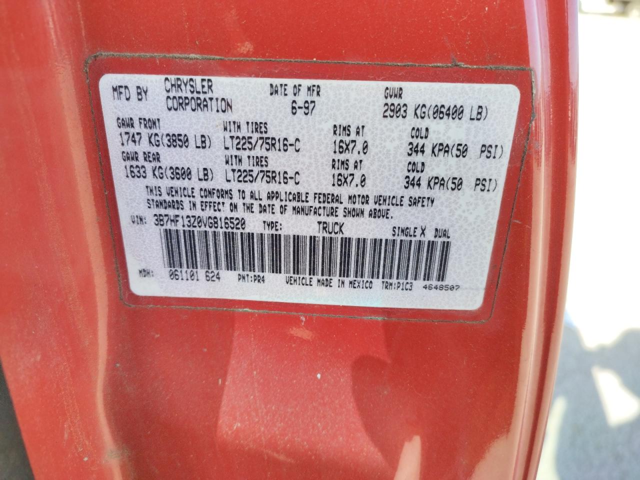 Photo 10 from auction – 1997 DODGE RAM 1500 with VIN 3B7HF13Z0VG816520