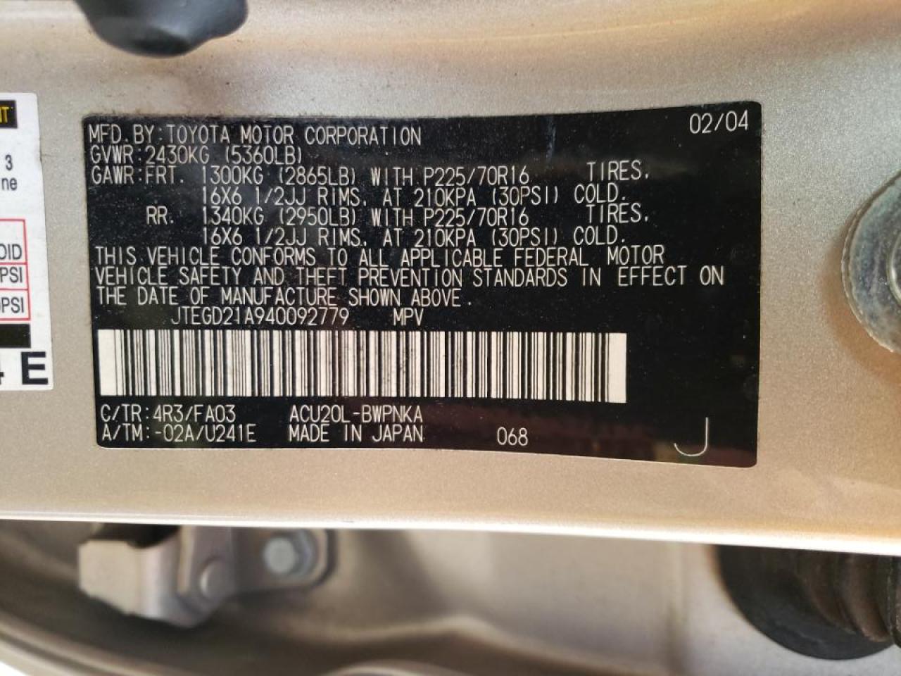 Photo 10 from auction – 2004 TOYOTA HIGHLANDER with VIN JTEGD21A940092779