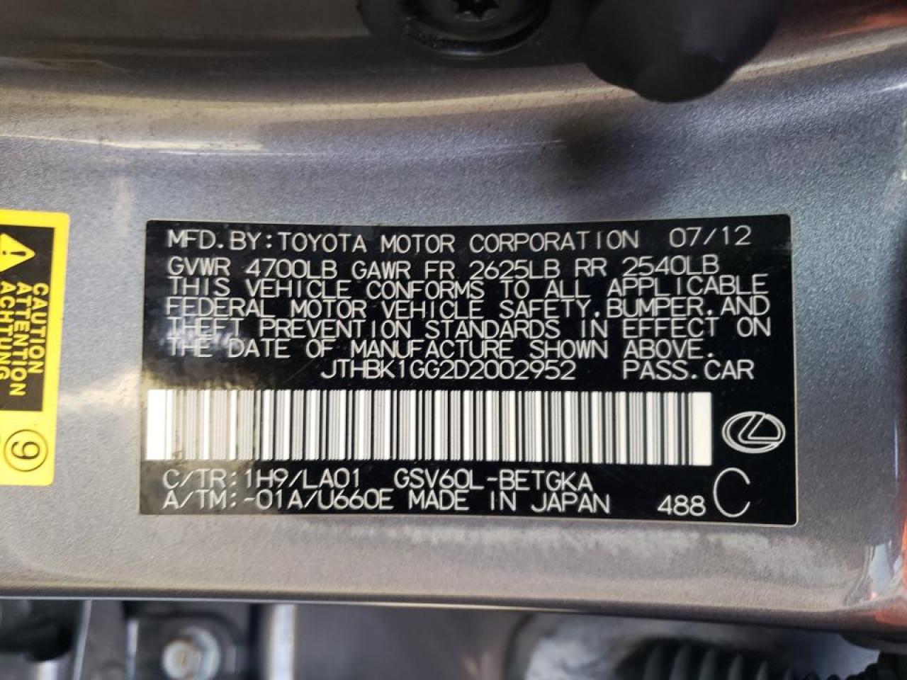 Photo 10 from auction – 2013 LEXUS ES 350 with VIN JTHBK1GG2D2002952