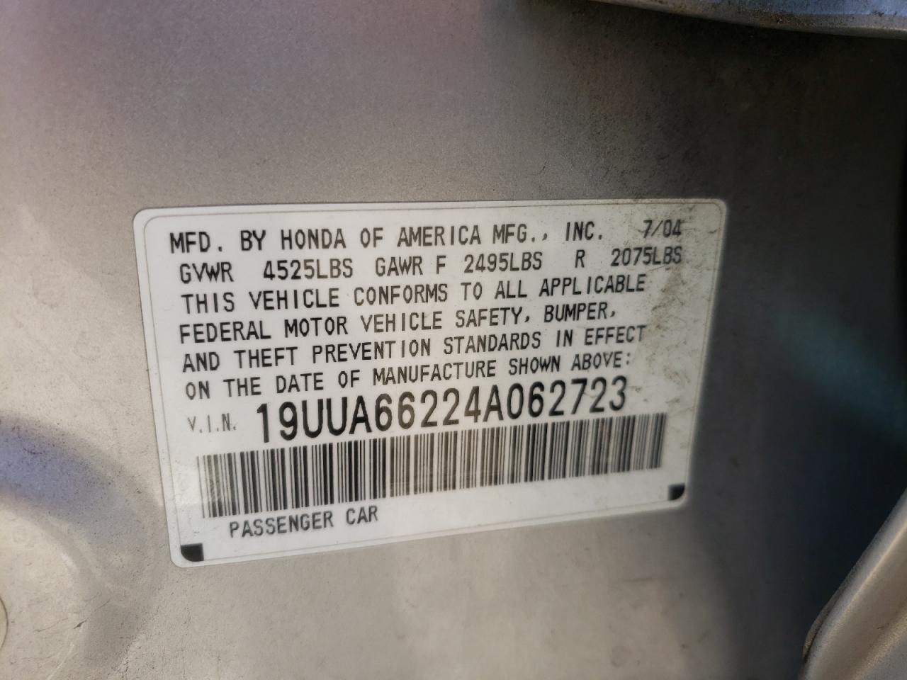 Photo 10 from auction – 2004 ACURA TL with VIN 19UUA66224A062723