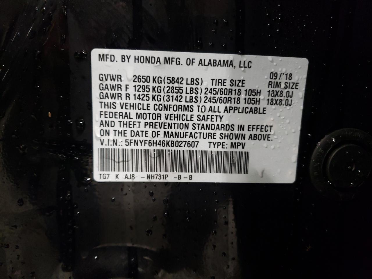 Photo 10 from auction – 2019 HONDA PILOT EXL with VIN 5FNYF6H46KB027607
