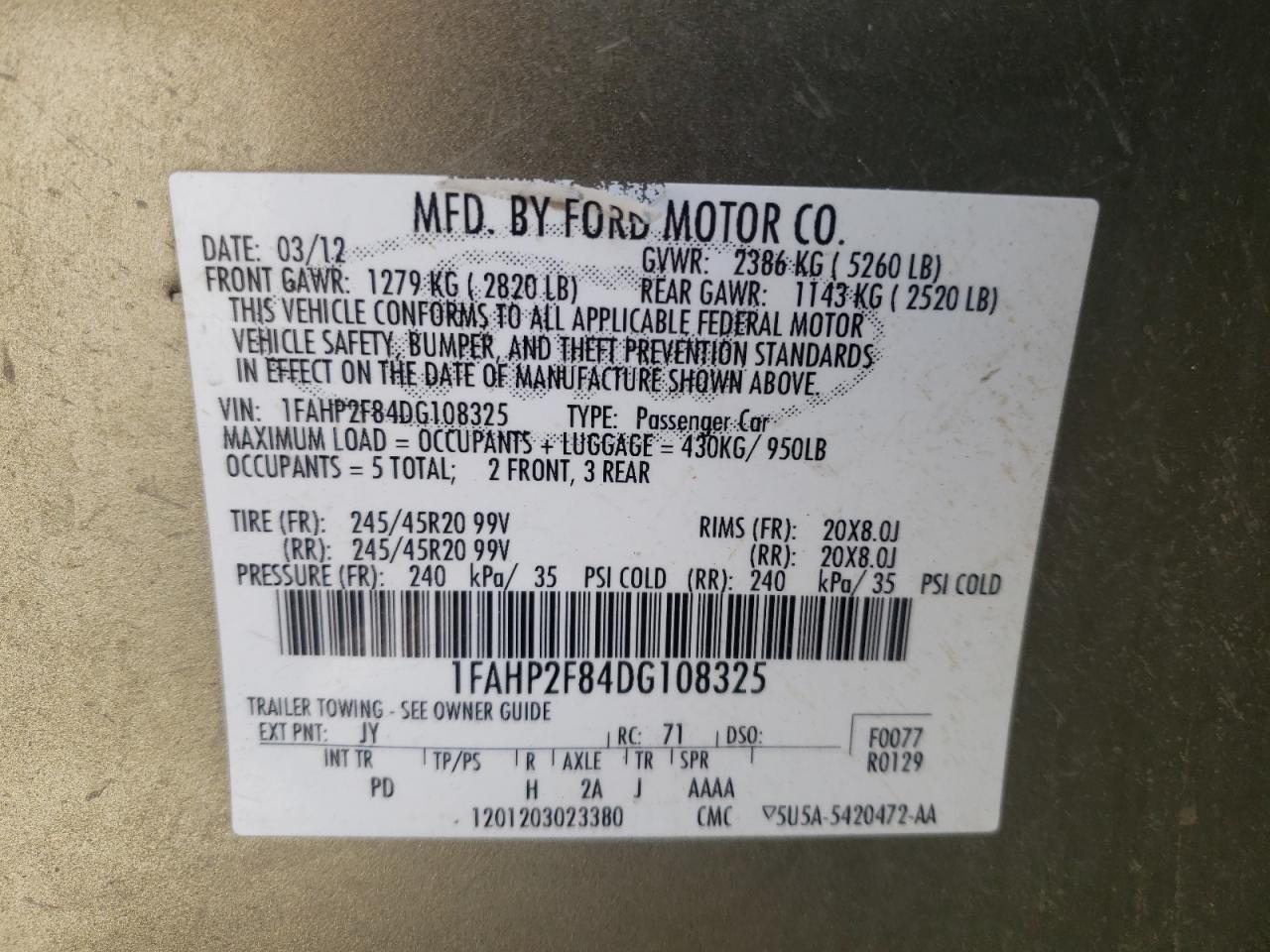 Photo 10 from auction – 2013 FORD TAURUS LIM with VIN 1FAHP2F84DG108325