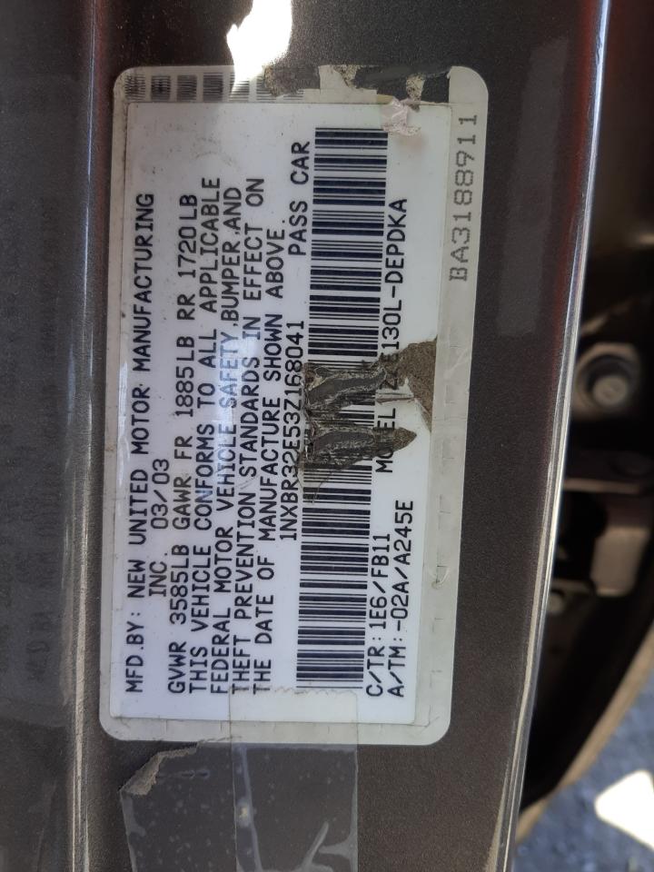 Photo 10 from auction – 2003 TOYOTA COROLLA with VIN 1NXBR32E53Z168041