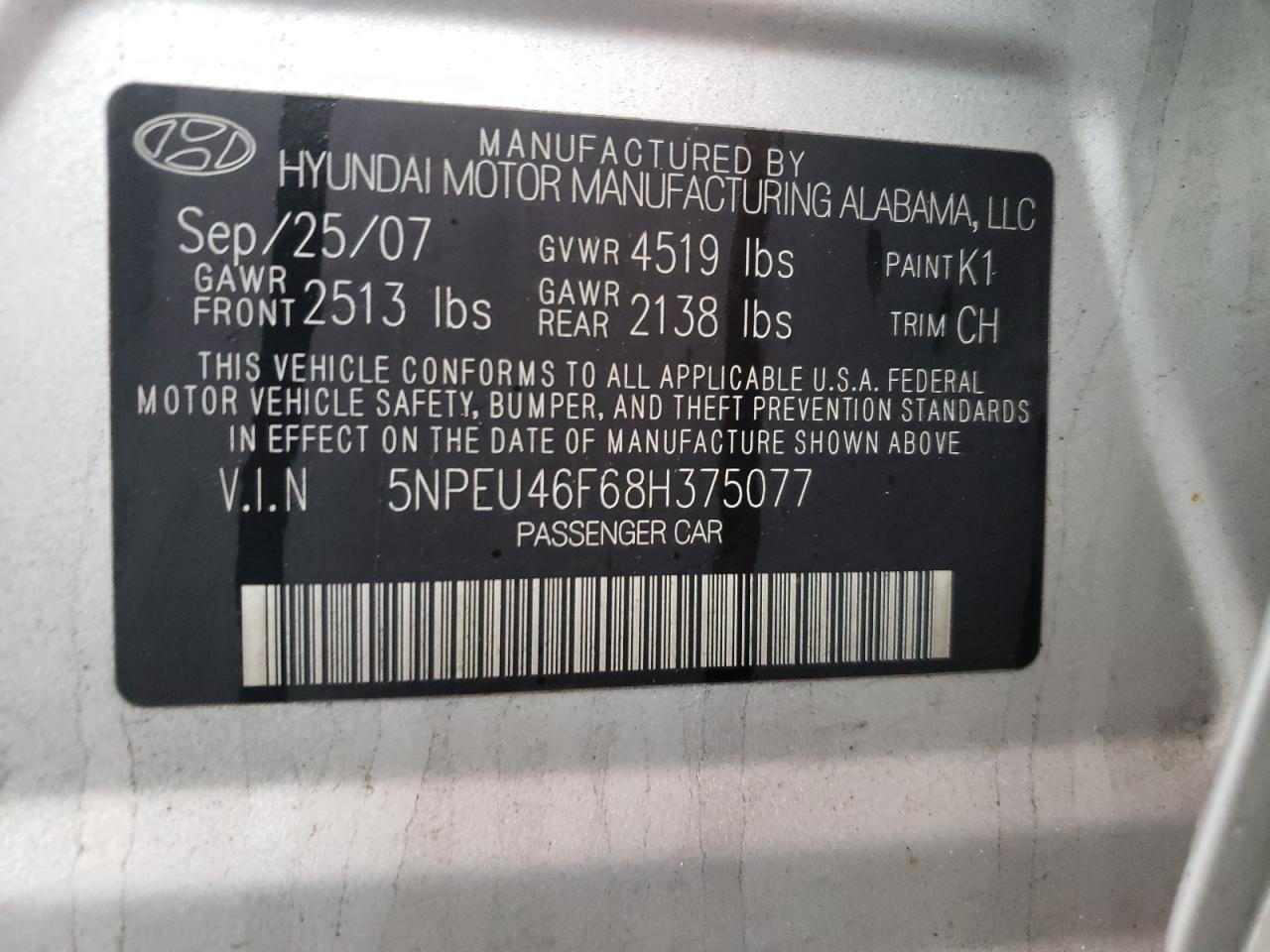 Photo 10 from auction – 2008 HYUNDAI SONATA SE with VIN 5NPEU46F68H375077